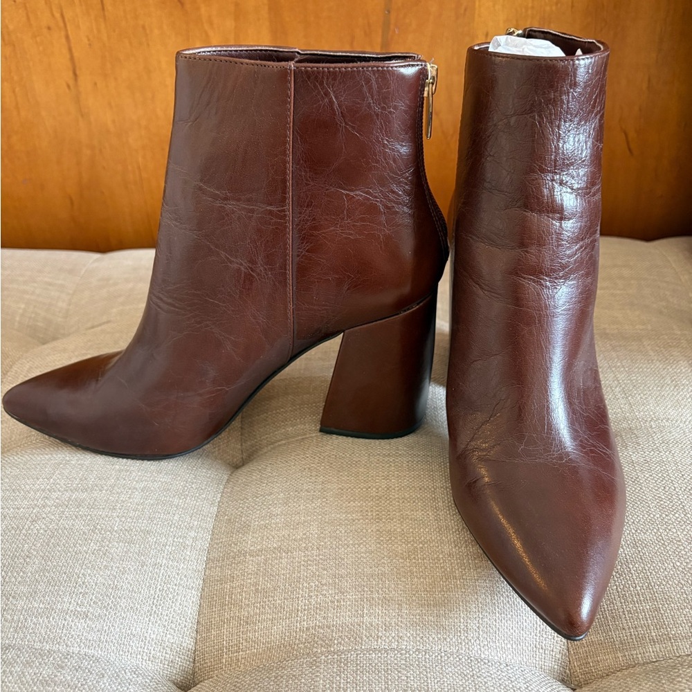 Vince Camuto Whiskey Brown Patent Leather Ankle Booties